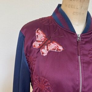 Elegant Burgundy and Navy Bomber Jacket with Butterfly Accents